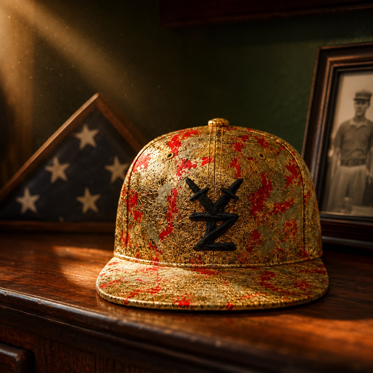 THE CROWN on the shelf beside the flag and the photo